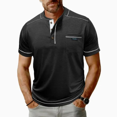Maglietta Henley da Uomo in Poliestere a Manica Corta Con Bordo a Contrasto Tasca sul Petto Pullover Casual Top per Estate