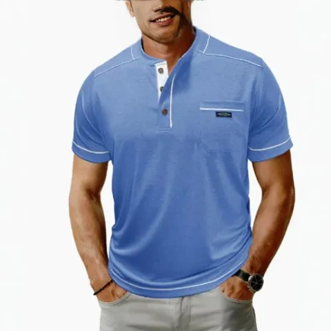 Maglietta Henley da Uomo in Poliestere a Manica Corta Con Bordo a Contrasto Tasca sul Petto Pullover Casual Top per Estate