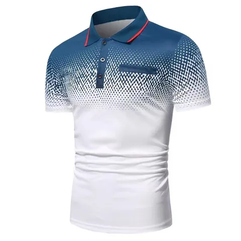 Men Casual Polyester Printed Polo Shirt Slim Fit Short Sleeve Top Gradient Polka Dot Turn Down Collar Faux Pocket Work Wear