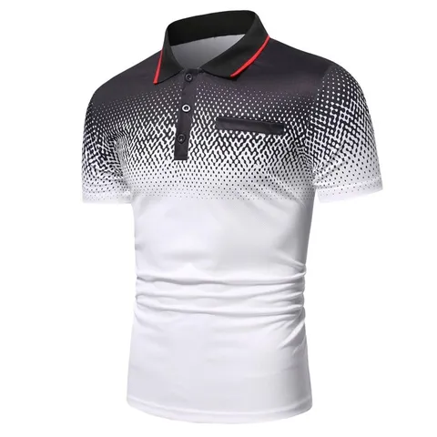 Men Casual Polyester Printed Polo Shirt Slim Fit Short Sleeve Top Gradient Polka Dot Turn Down Collar Faux Pocket Work Wear