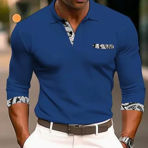 Men's Casual Long Sleeve Polo Shirt Polyester Paisley Patchwork Lapel Top Breathable Slim Fit Autumn Winter Base Shirt