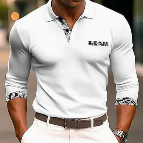 Men's Casual Long Sleeve Polo Shirt Polyester Paisley Patchwork Lapel Top Breathable Slim Fit Autumn Winter Base Shirt