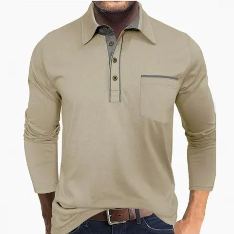 Men's Casual Long Sleeve Polo Shirt Color Block Contrast Lapel Polyester Top With Pocket For Daily Wear Fashion City Style
