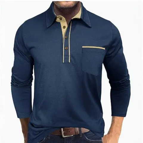 Men's Casual Long Sleeve Polo Shirt Color Block Contrast Lapel Polyester Top With Pocket For Daily Wear Fashion City Style