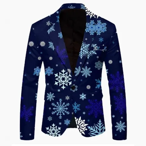 Men's Slim Fit Festive Printed Blazer Jacket Single Breasted Notched Lapel Christmas Snowflake Reindeer Pattern Party Suit Top And Bottom
