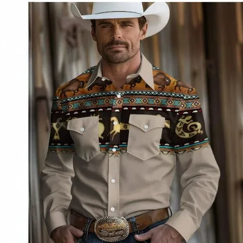 Western Cowboy Style 3D Digital Printed Long Sleeve Shirt For Men Retro Lapel Contrast Pattern Casual Shirt Top