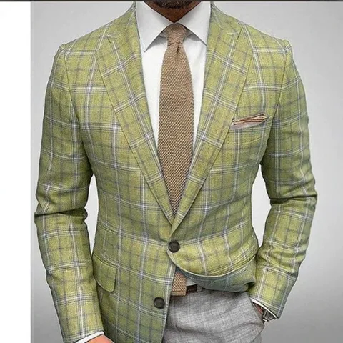 Men Slim Fit Plaid Suit Top And Bottom Wedding Business Casual Plaid Blazer Pants Suit For Formal Banquet Party Office Wear