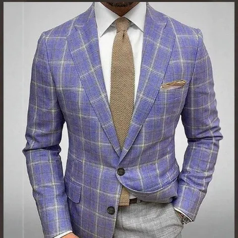 Men Slim Fit Plaid Suit Top And Bottom Wedding Business Casual Plaid Blazer Pants Suit For Formal Banquet Party Office Wear