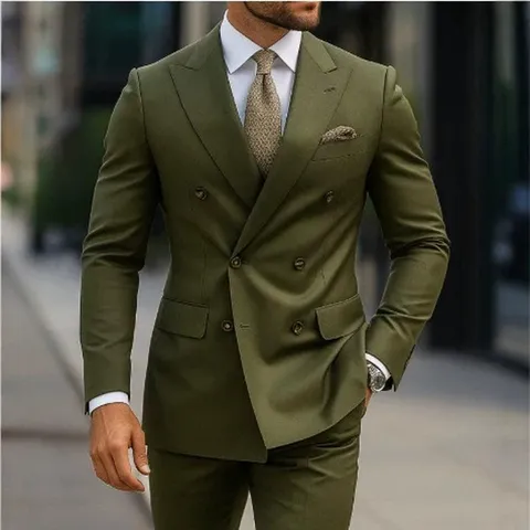 Men's Slim Fit Double Breasted Suit Set Top And Bottom Formal Business Wedding Party Blazer Trousers Solid Color Polyester Suit