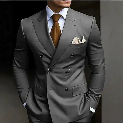 Men's Slim Fit Double Breasted Suit Set Top And Bottom Formal Business Wedding Party Blazer Trousers Solid Color Polyester Suit