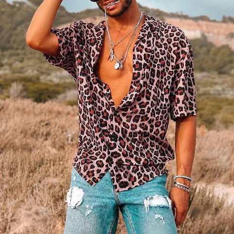 Leopard Print Men Shirt Short Sleeve Lapel Button Down Polyester Top Casual Streetwear Beach Wear Men Shirt