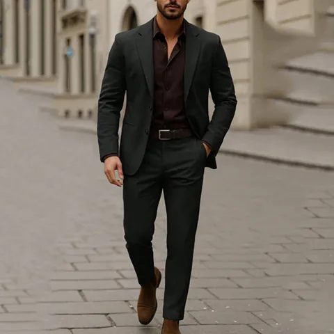 Men Business Formal Suit Top And Bottom British Style Slim Fit Wedding Banquet Formal Polyester Blazer And Pants Set