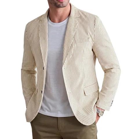 Men Casual Striped Blazer Jacket Single Breasted Two Button Lapel Business Suit Top For Office Daily Wear Polyester Striped Outerwear