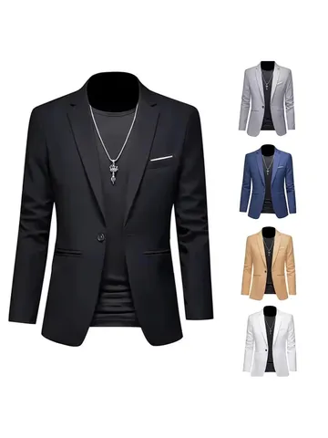 Men Fashion Business Casual Slim Fit Blazer Jacket Single Button Professional Solid Color Polyester Office Formal Outerwear Coat