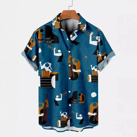 Men's Hawaiian Short Sleeve Shirt Music Instrument Jazz Sailing American Flag Print Breathable Summer Beach Vacation Casual Streetwear Button Down Top