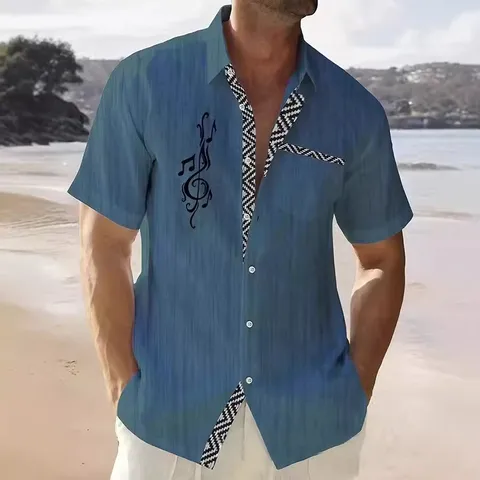 Men's Hawaiian Short Sleeve Shirt Music Instrument Jazz Sailing American Flag Print Breathable Summer Beach Vacation Casual Streetwear Button Down Top