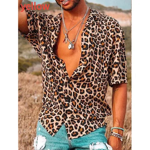 Leopard Print Men Shirt Short Sleeve Lapel Button Down Polyester Top Casual Streetwear Beach Wear Men Shirt