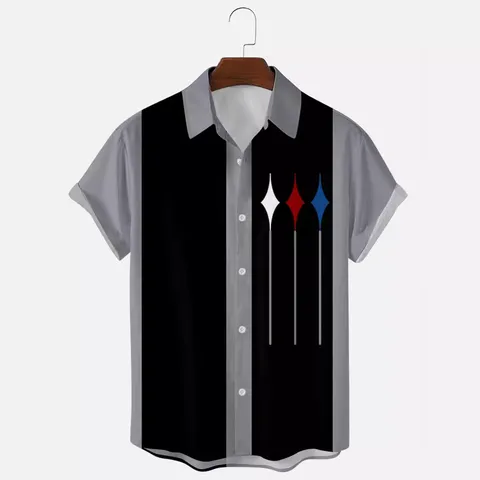 Camisa Casual de Manga Corta para Hombre Impresión Digital 3D a Rayas Bloques de Color Top con Solapa Retro para Playa de Verano
