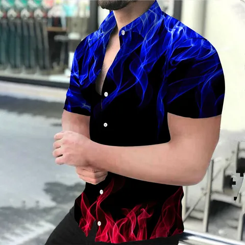 Men Hawaiian Shirt Short Sleeve Top Digital Print Flame Graphics Casual Beach Vacation Oversized Acetate Shirt