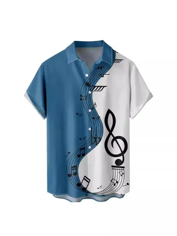 Musiknoten Druck Hawaiihemd Herren Kurzarm Button Down Strand Aloha Party Top Polyester Bedruckt Patchwork Casual Urlaub Kleidung