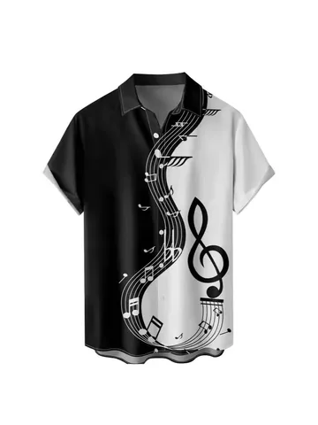 Musiknoten Druck Hawaiihemd Herren Kurzarm Button Down Strand Aloha Party Top Polyester Bedruckt Patchwork Casual Urlaub Kleidung
