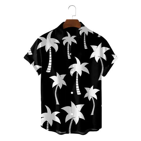 Men's Hawaiian Shirt Polyester Short Sleeve Tropical Coconut Tree Print Loose Fit Button Down Beach Casual Vacation Top