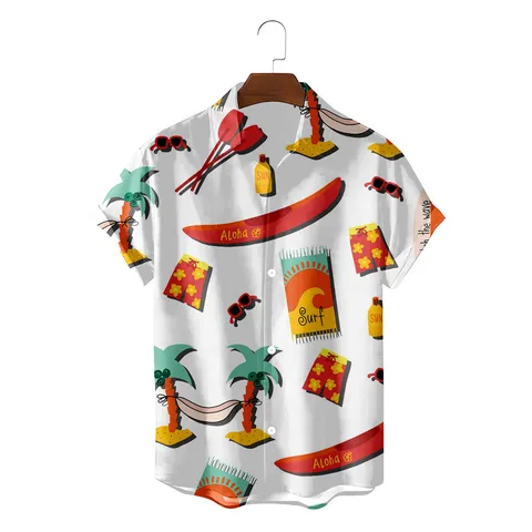 Men's Hawaiian Shirt Polyester Short Sleeve Tropical Coconut Tree Print Loose Fit Button Down Beach Casual Vacation Top