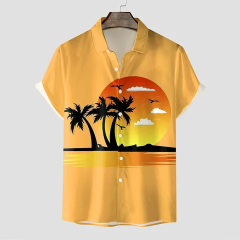 Men Casual Hawaiian Shirt Short Sleeve Turn Down Collar 3D Digital Print Summer Beach Button Down Shirt Top