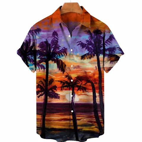 Men's Summer Casual Short Sleeve Hawaiian Shirt Tropical Palm Tree Print Turn Down Collar Button Down Beach Shirt