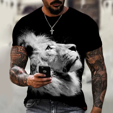 Men 3D Lion Print Short Sleeve T Shirt Casual Summer Crew Neck Pullover Top Fashion Streetwear Casual Outfit
