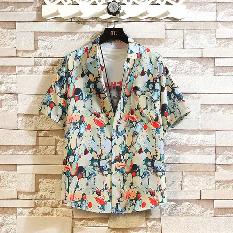 Men's Casual Short Sleeve Shirt Hawaiian Holiday Floral Printed Polyester Lapel Top For Youth Summer Beach Wear