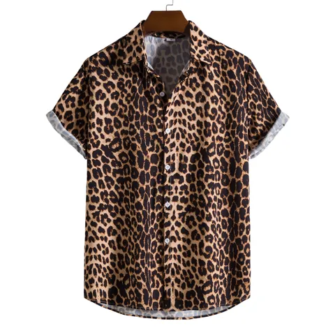 Men Digital Print Leopard Shirt Fashion Short Sleeve Turn Down Collar Polyester Casual Top Summer Vacation Beach Shirt