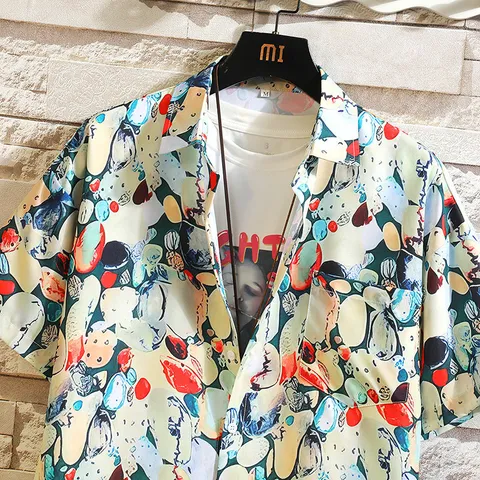 Men's Casual Short Sleeve Shirt Hawaiian Holiday Floral Printed Polyester Lapel Top For Youth Summer Beach Wear