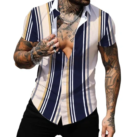 Camicia Casual da Uomo a Righe Retrò con Stampa Digitale Poliestere Bavero Manica Corta Top per Vacanza Estiva