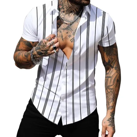 Camicia Casual da Uomo a Righe Retrò con Stampa Digitale Poliestere Bavero Manica Corta Top per Vacanza Estiva