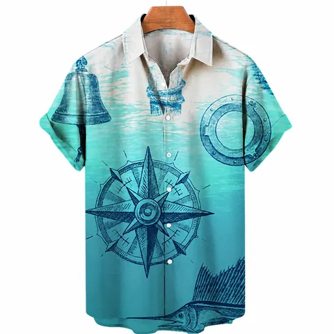 Men's Summer Casual Short Sleeve Shirt Vintage Nautical Map 3D Digital Print Lapel Single-Breasted Button Loose Top