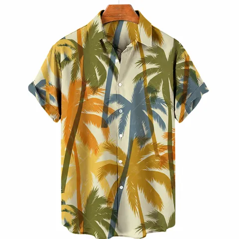 Men's Hawaiian Tropical Coconut Tree 3D Printed Short Sleeve Lapel Button Down Shirt Summer Casual Beach Vacation Top