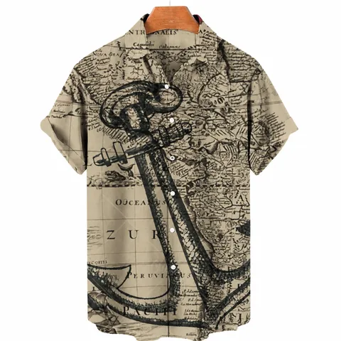 Men's Summer Casual Short Sleeve Shirt Vintage Nautical Map 3D Digital Print Lapel Single-Breasted Button Loose Top