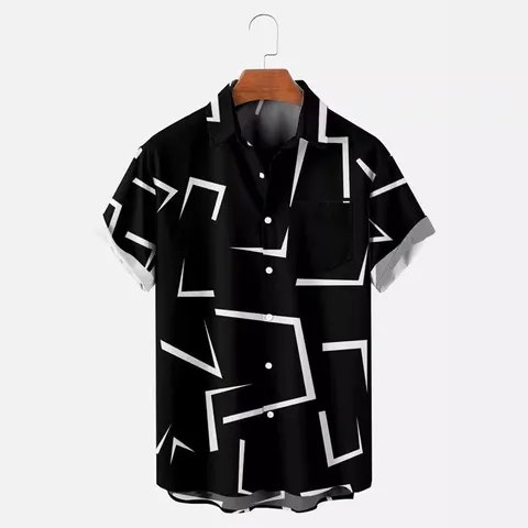 Camicia Hawaiana Casual da Uomo a Maniche Corte Stampa Tropicale in Poliestere Abbottonata per Vacanza al Mare
