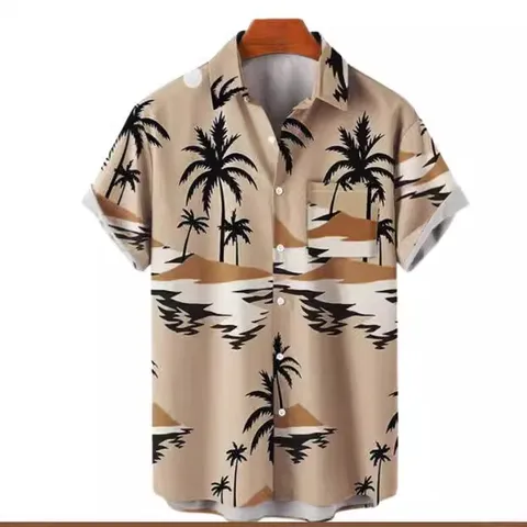 Men Casual Hawaiian Shirt Short Sleeve Tropical Palm Tree Print Breathable Polyester Button Down Beach Vacation Top