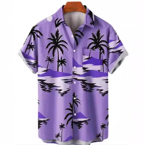 Men Casual Hawaiian Shirt Short Sleeve Tropical Palm Tree Print Breathable Polyester Button Down Beach Vacation Top