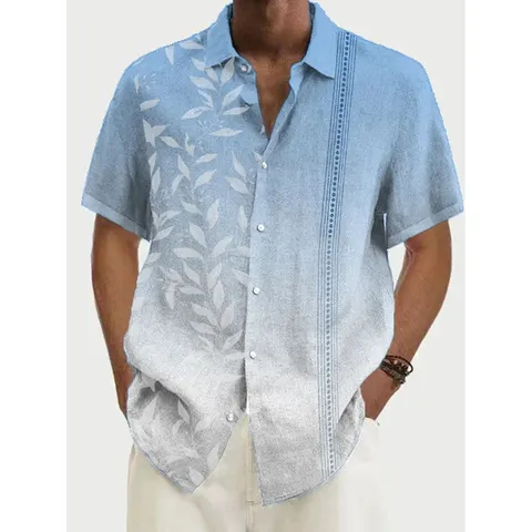 Camisa Hawaiana de Manga Corta para Hombre Moda Impresión Digital 3D Hojas Degradado Rayas Solapa Top Poliéster Casual Verano