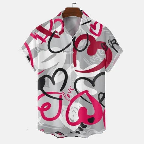 Men's Casual Short Sleeve Turn-down Collar Shirt Summer Creative Digital Print Button-Up Fashion Top