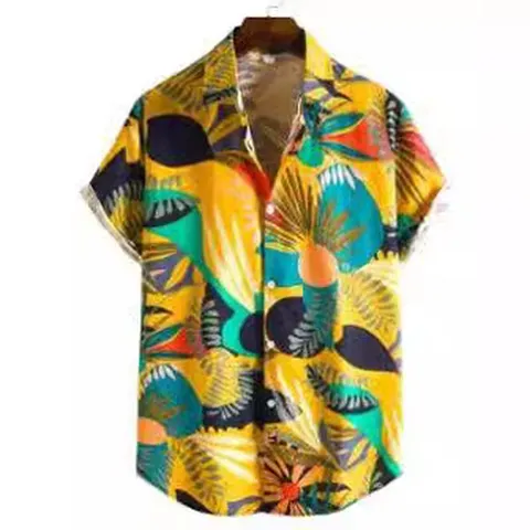 Men's Casual Tropical Print Short Sleeve Shirt Turn-Down Collar Button Down Shirt