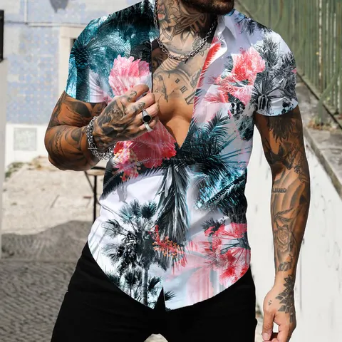 Men Casual Hawaiian Beach Shirt Short Sleeve Turn Down Collar Tropical Plant Print Button Down Vacation Top