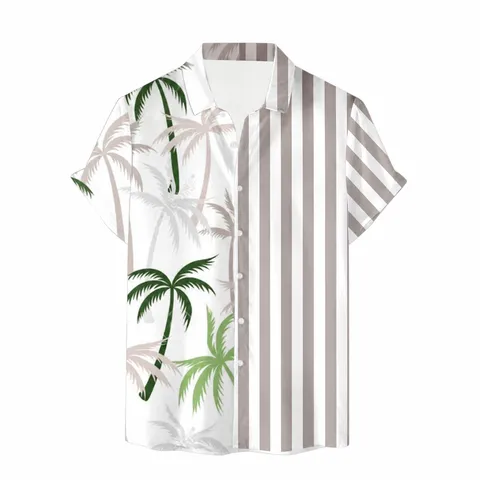 Camicia Hawaiana da Uomo Casual Larga Manica Corta Stampa Patchwork Top da Spiaggia in Poliestere per Vacanze Estive Stile Tropicale