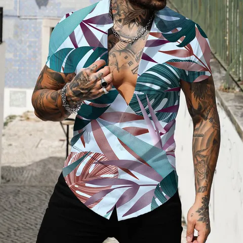 Men Casual Hawaiian Beach Shirt Short Sleeve Turn Down Collar Tropical Plant Print Button Down Vacation Top