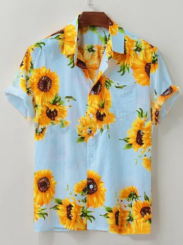 Herren 3D Digital Druck Kurzarm Lässiges Hemd Polyester Blumen Pilz Grafik Umlegekragen Button Down Top