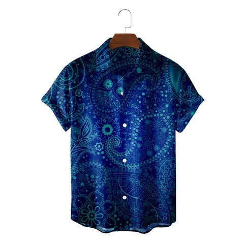 Men's Vintage Ethnic 3D Print Short Sleeve Shirt Casual Loose Lapel Single-Breasted Summer Beach Top