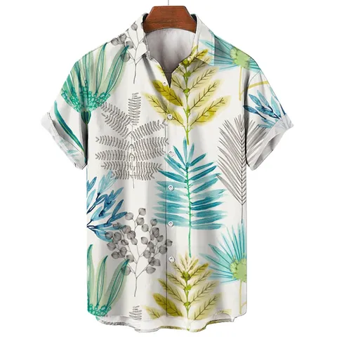 Men's Casual Short Sleeve Shirt Summer Tropical Plant Floral Print Loose Fit Turn Down Collar Button Down Shirt